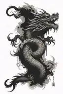 ink-style smokey chinese dragon forearm tattoo, monochrome black and white, stylistic tattoo design idea