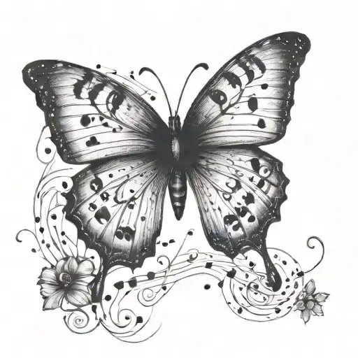 A minimalist tattoo of a butterfly with musical notes as its wings, symbolizing harmony between music and nature tattoo design idea