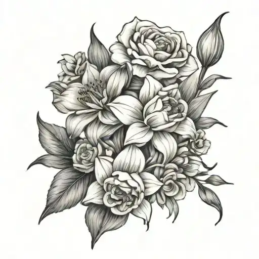 daffodil, narcissus, rose, carnation bouquet tattoo design idea