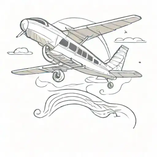 A minimalist outline of a plane with a beach and waves and the word "wanderlust" in calligraphy  tattoo design idea