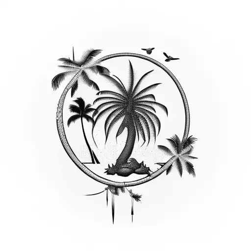 A blackwork tattoo of a palm tree with birds perched on its branches tattoo design idea
