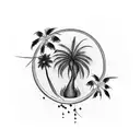 A blackwork tattoo of a palm tree with birds perched on its branches tattoo design idea