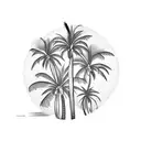 A blackwork tattoo of a palm tree with birds perched on its branches tattoo design idea
