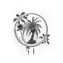 A blackwork tattoo of a palm tree with birds perched on its branches tattoo design idea
