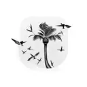 A blackwork tattoo of a palm tree with birds perched on its branches tattoo design idea