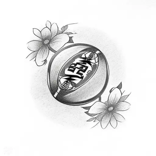 memorial tattoo of a rugby ball with the word dad in it surrounded by flowers tattoo design idea