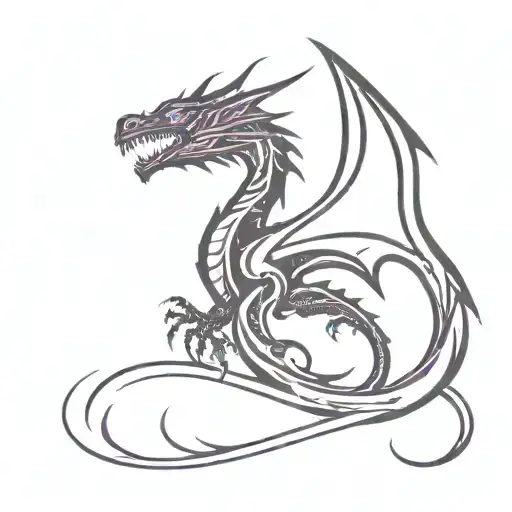 Black dragon rising from purple fire with its wings spread wide tattoo design idea