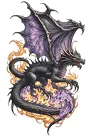 Black dragon rising from purple fire with its wings spread wide tattoo design idea