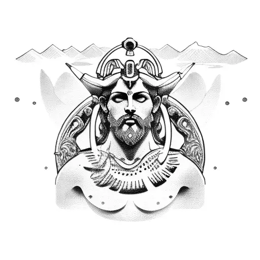 A Greek god or goddess, like Poseidon or Athena, surrounded by mountain peaks tattoo design idea