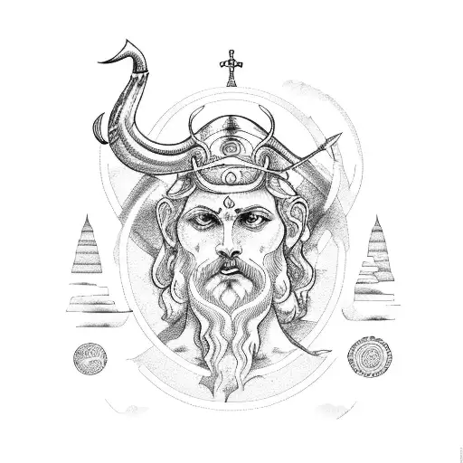 A Greek god or goddess, like Poseidon or Athena, surrounded by mountain peaks tattoo design idea