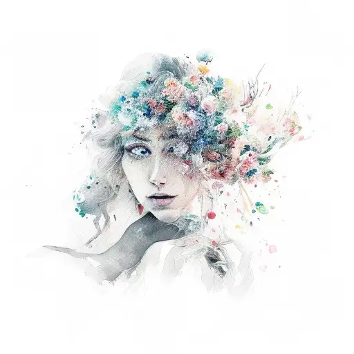 A realistic portrait of the client's favorite painter surrounded by watercolor splashes tattoo design idea