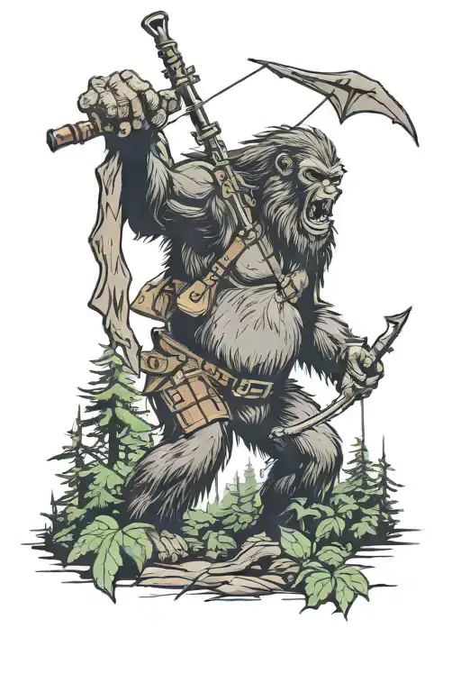 Bigfoot bow hunting tattoo design idea