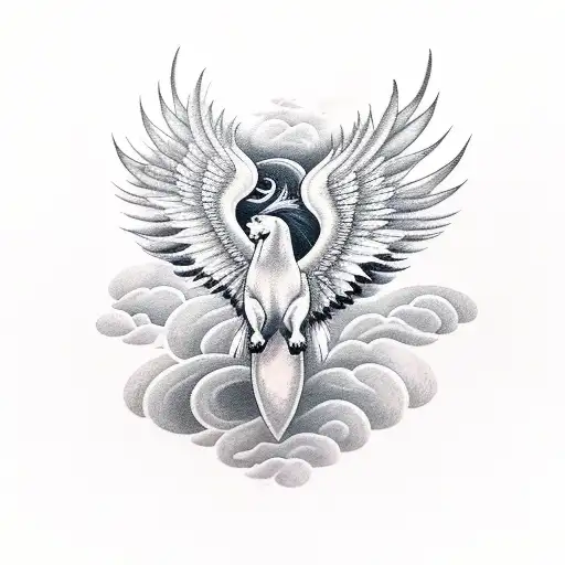 A black-grey tattoo of a majestic Pegasus flying through the clouds, with its wings spread wide and a trail of stars behind it. tattoo design idea