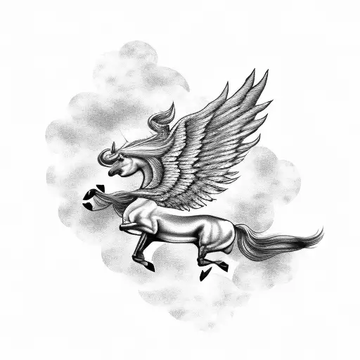 A black-grey tattoo of a majestic Pegasus flying through the clouds, with its wings spread wide and a trail of stars behind it. tattoo design idea