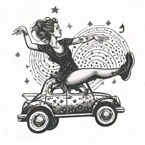 Dotwork tattoo of a woman dancing on a car roof under a starry night sky with musical notes floating around her tattoo design idea