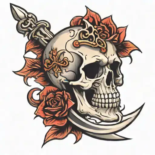 skull, heart dagger piercing tattoo design idea