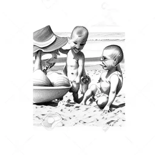 mom with 2 boys at the beach tattoo design idea