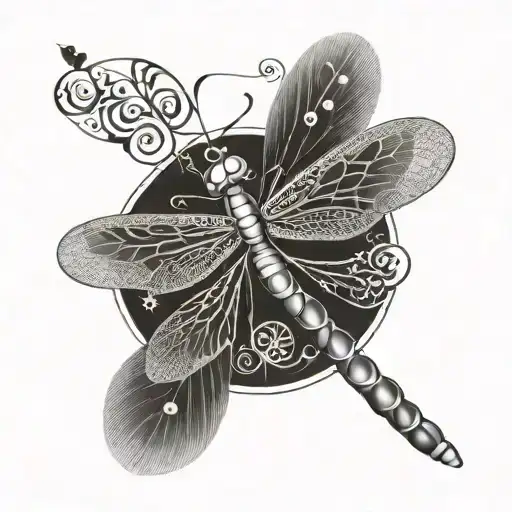 A dragonfly composed of the Chinese words life, death, patience, strength tattoo design idea
