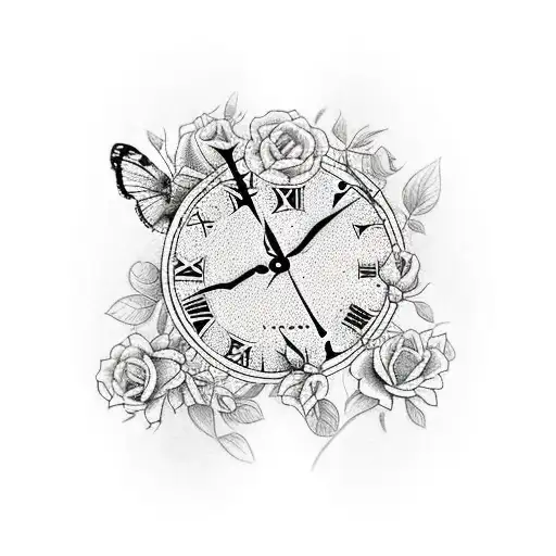 a clock with roses around it and couple of butterflies and have GG underneath the clock  tattoo design idea