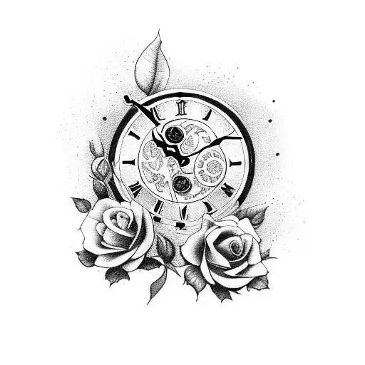 a clock with roses and around it and butterflies on top with a raven  tattoo design idea