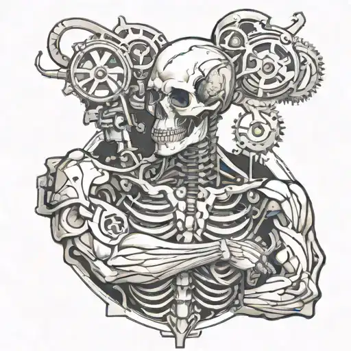 Steampunk organic mechanic with skeletal anatomy on right upper forearm  tattoo design idea