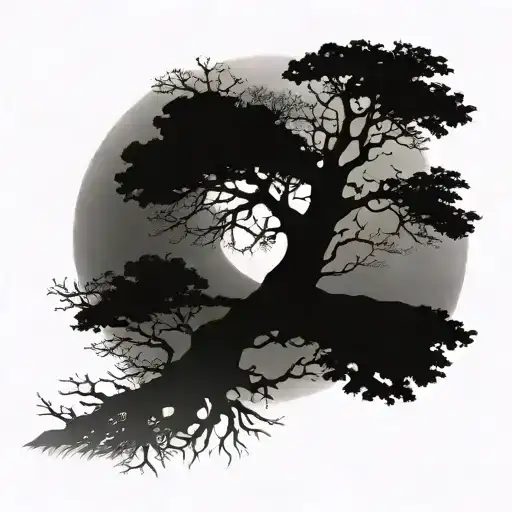 half-dark half light moon behind a half-dead half-alive tree  split down the middle   tattoo design idea