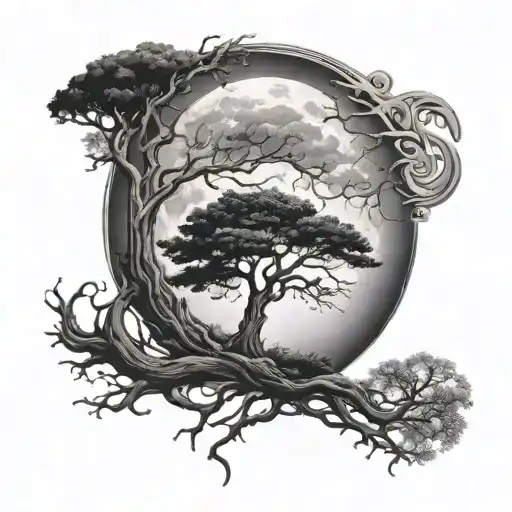 half-dark half light moon behind a half-dead half-alive tree  tattoo design idea