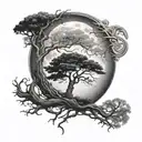 half-dark half light moon behind a half-dead half-alive tree  tattoo design idea