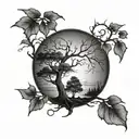 half-dark half light moon behind a half-dead half-alive tree  tattoo design idea