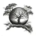 half-dark half light moon behind a half-dead half-alive tree  tattoo design idea
