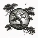 half-dark half light moon behind a half-dead half-alive tree  tattoo design idea