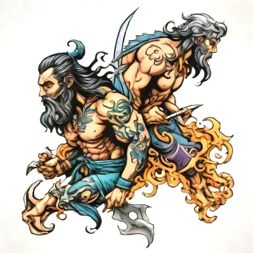 Zues, Poseidon and hades leg sleeve tattoo design idea