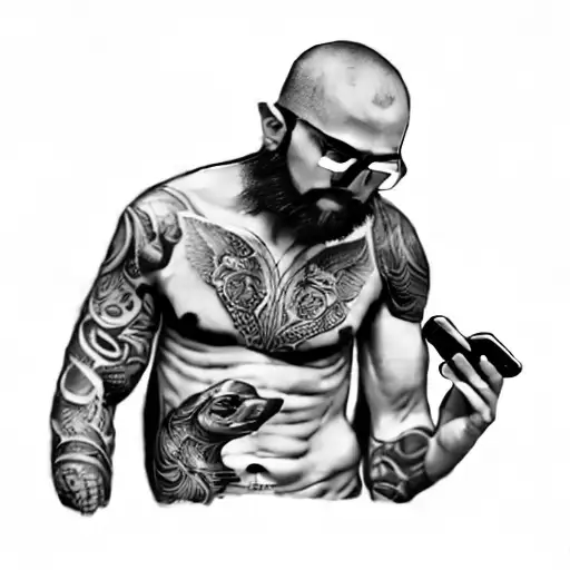 a tattooed man holding a cell phone tattoo design idea