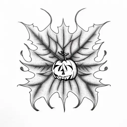 A traditional jack-o'-lantern with intricate carvings of autumn leaves and apples tattoo design idea