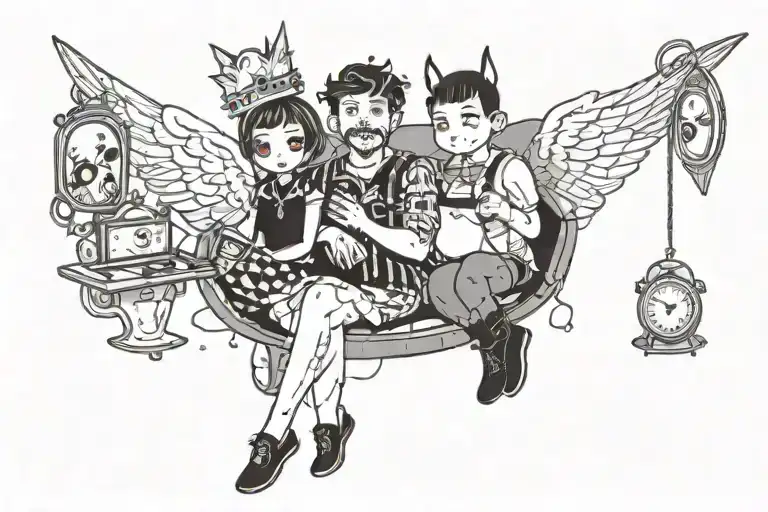 A cute and playful design of a daddy and princess duo in a ddlg scene, incorporating elements of girly things and little space aesthetics tattoo design idea