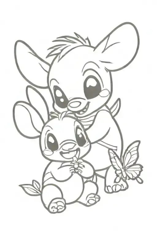 Stitch and piglet playing with a butterfly tattoo design idea