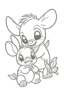 Stitch and piglet playing with a butterfly tattoo design idea