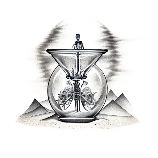hourglass running out of sand with skeleton inside tattoo design idea