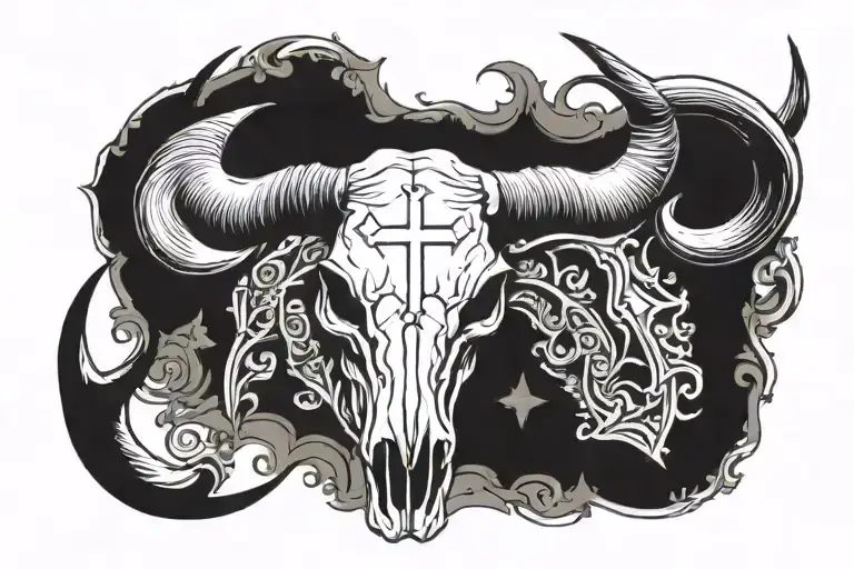 Texas long horn skull with cross  tattoo design idea