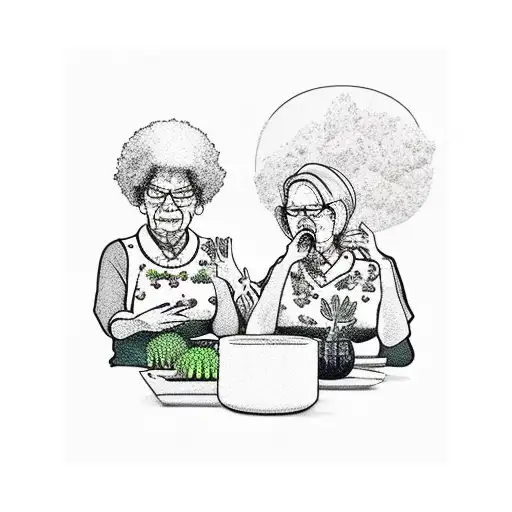 two old ladies smoking weed eating sushi surrounded by succulants tattoo design idea