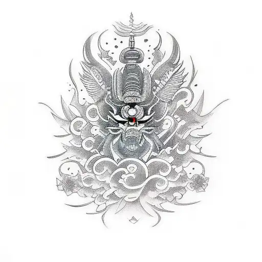 samurái con espadas y metralleta  tattoo design idea