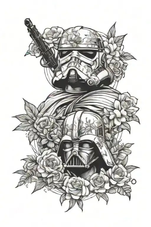 Star wars scenes with floral  tattoo design idea