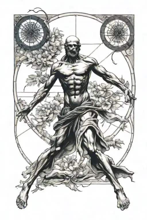 vitruvian man (the leonard de vinci painting) but he is in modern times. tattoo design idea