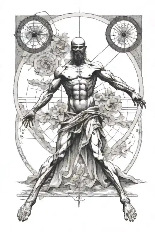 vitruvian man (the leonard de vinci painting) but he is in modern times. tattoo design idea