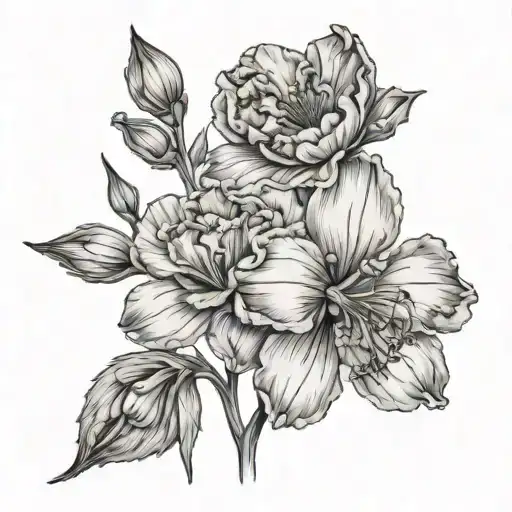 can you create a line tattoo combining the following flowers: carnation, snowdrop, daffodil, gladiolus, poppy, marigold, tattoo design idea