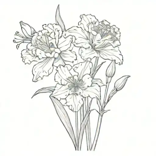 can you create a line tattoo combining the following flowers: carnation, snowdrop, daffodil, gladiolus, poppy, marigold, tattoo design idea