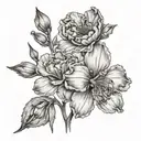 can you create a line tattoo combining the following flowers: carnation, snowdrop, daffodil, gladiolus, poppy, marigold, tattoo design idea