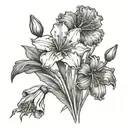 can you create a line tattoo combining the following flowers: carnation, snowdrop, daffodil, gladiolus, poppy, marigold, tattoo design idea