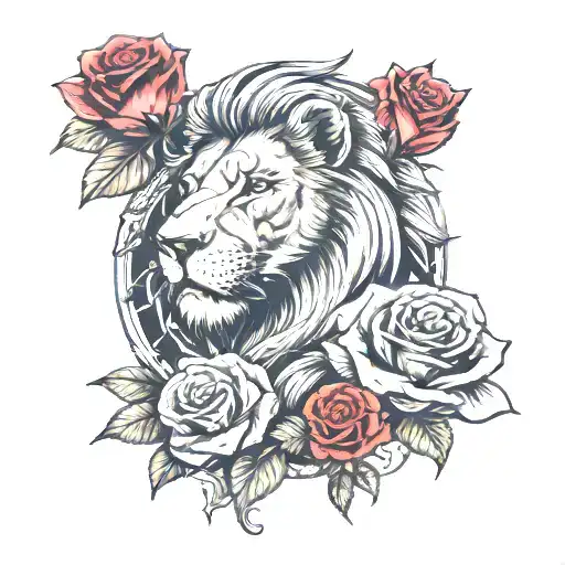 lion with a rose next to a warrior queen chess piece tattoo design idea