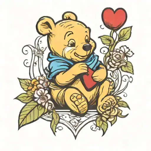 Winnie Pooh sitting holding a heart surrounded by flowers tattoo design idea